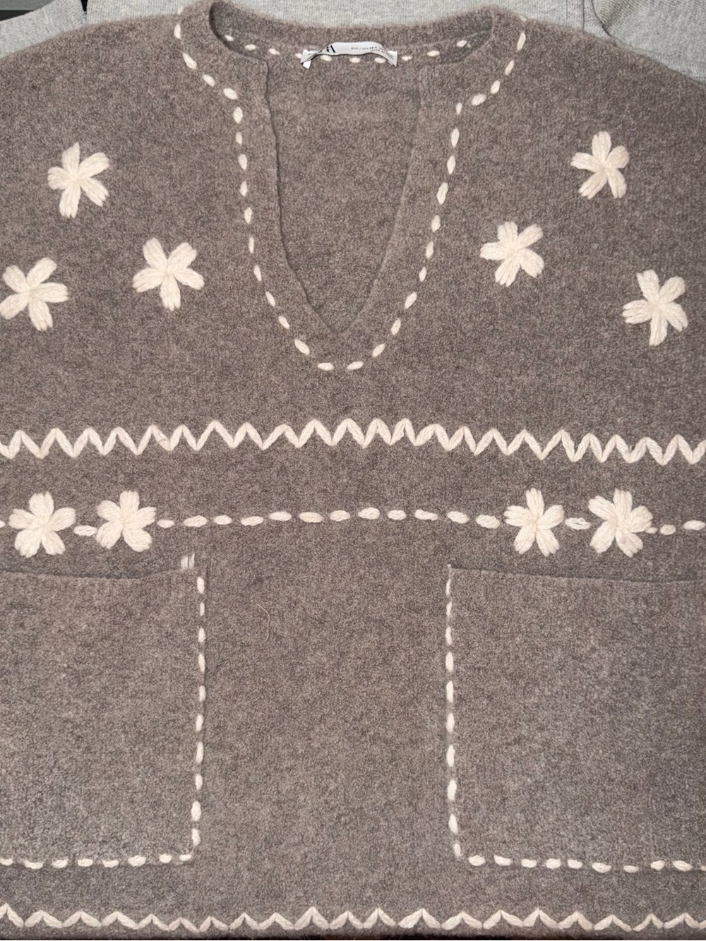 Zara Women’s Gray Sweater with Cream Floral Stitching